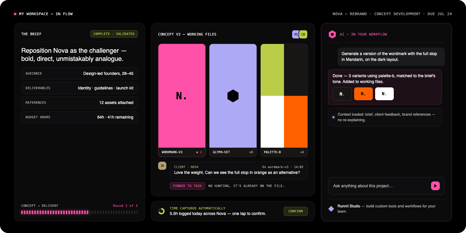 Runnit creative workspace: validated brief, working files, pinned client feedback and AI in the workflow
